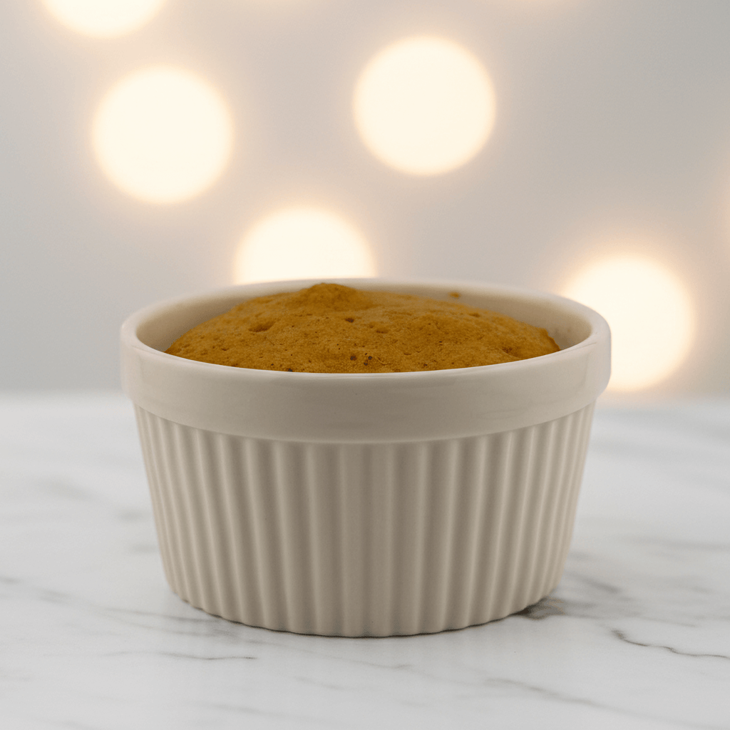 Pumpkin Spice Protein Cake Mix in a white ramekin, a healthy dessert with warm autumn flavors, microwaveable and protein-packed.