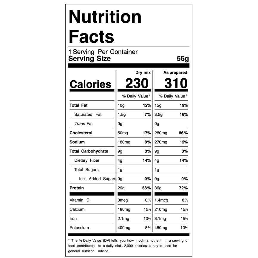 Nutrition facts label for a dry mix product with serving size and calorie information.