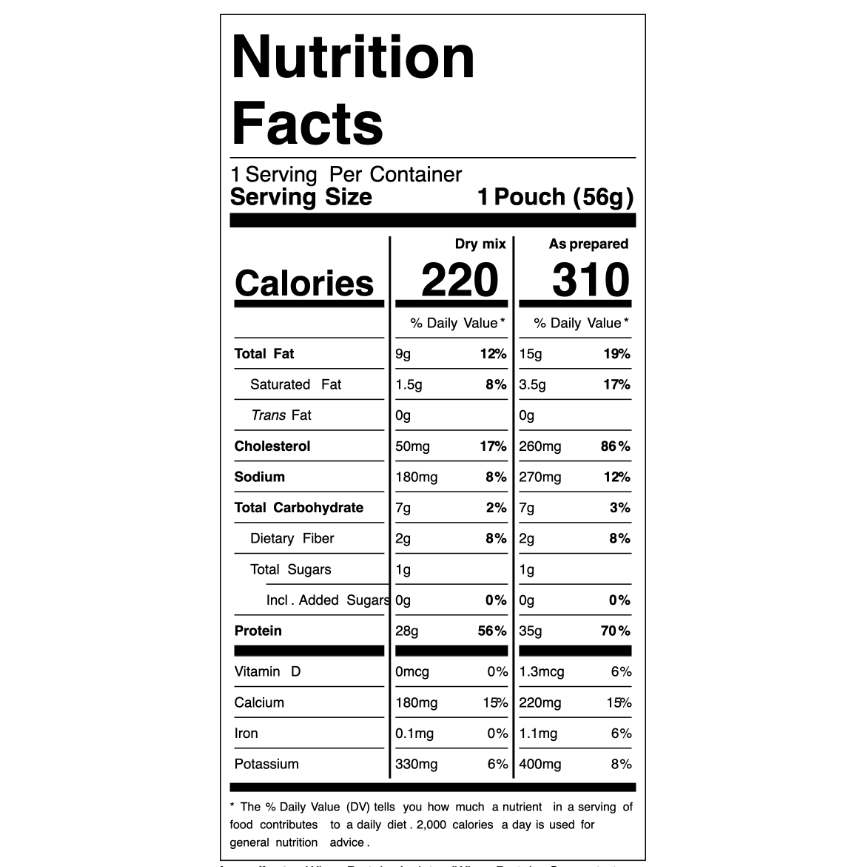 Nutrition facts label for a dry mix product