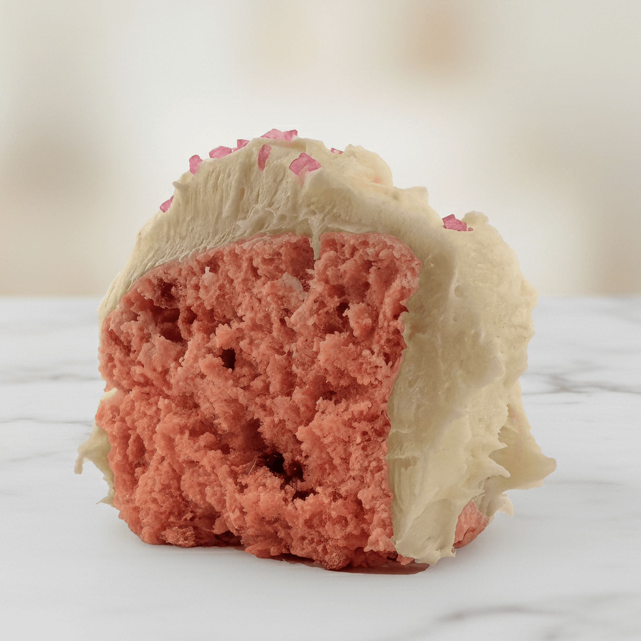 Strawberry Protein Cake Mix slice topped with creamy frosting and pink sprinkles on a marble background.
