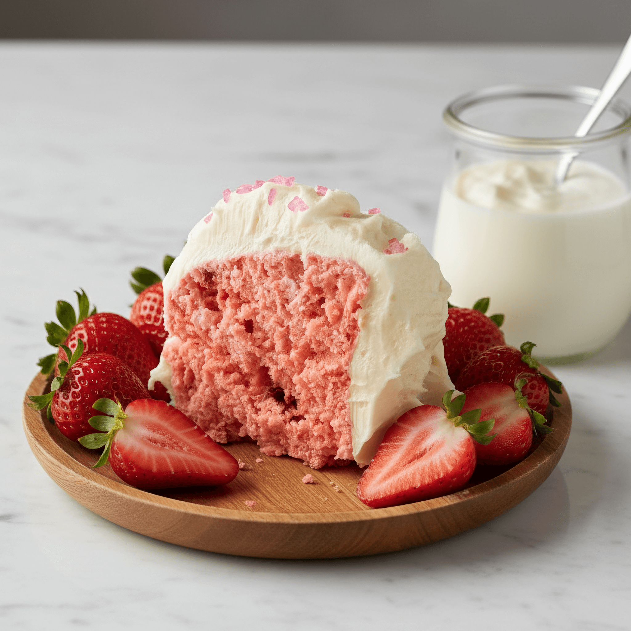 Strawberry Protein Cake Mix served with fresh strawberries and whipped cream on a wooden plate.
