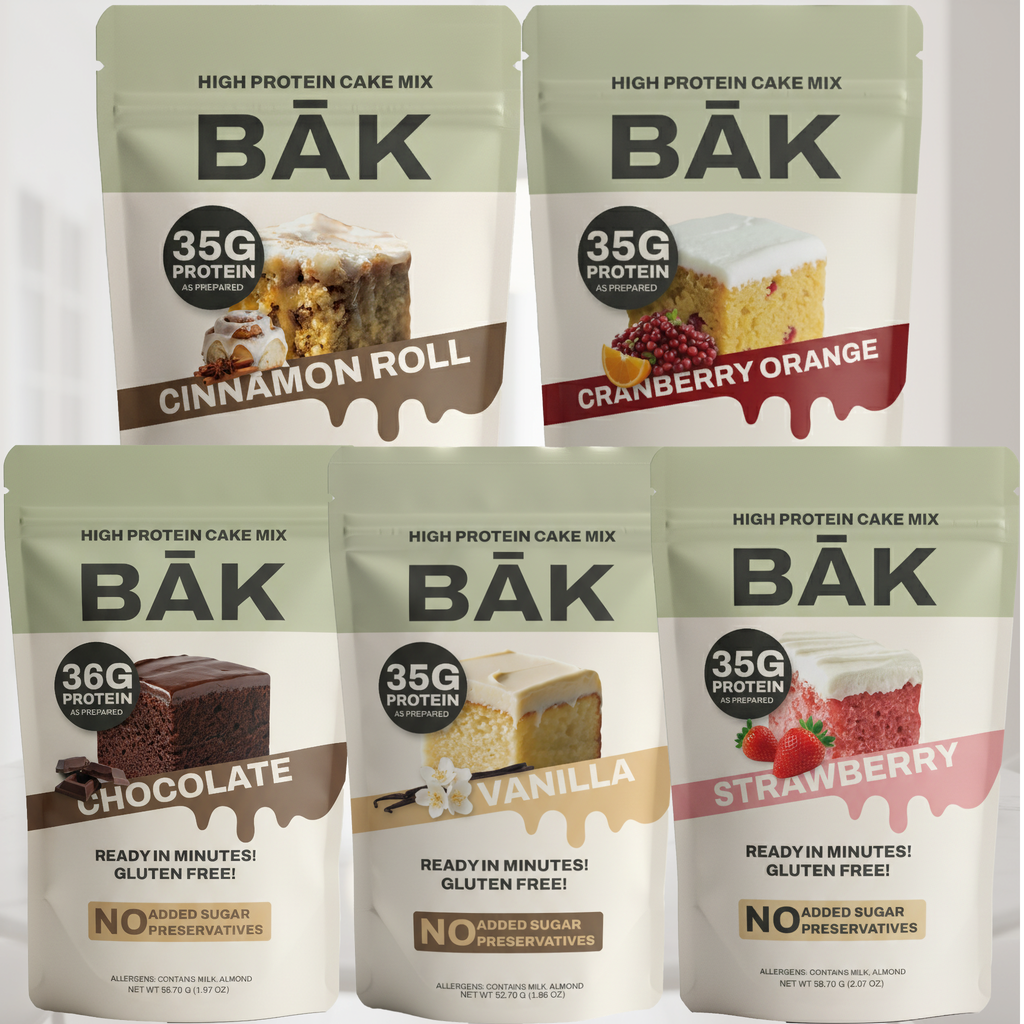 High Protein Cake Mix flavors including Cinnamon Roll, Cranberry Orange, Chocolate, Vanilla, and Strawberry - protein dessert options.