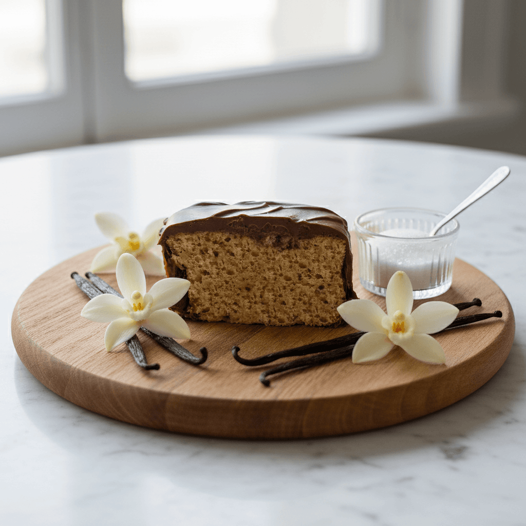 Vanilla Protein Cake Mix served on a wooden board with vanilla flowers and sugar, showcasing a healthy dessert option.
