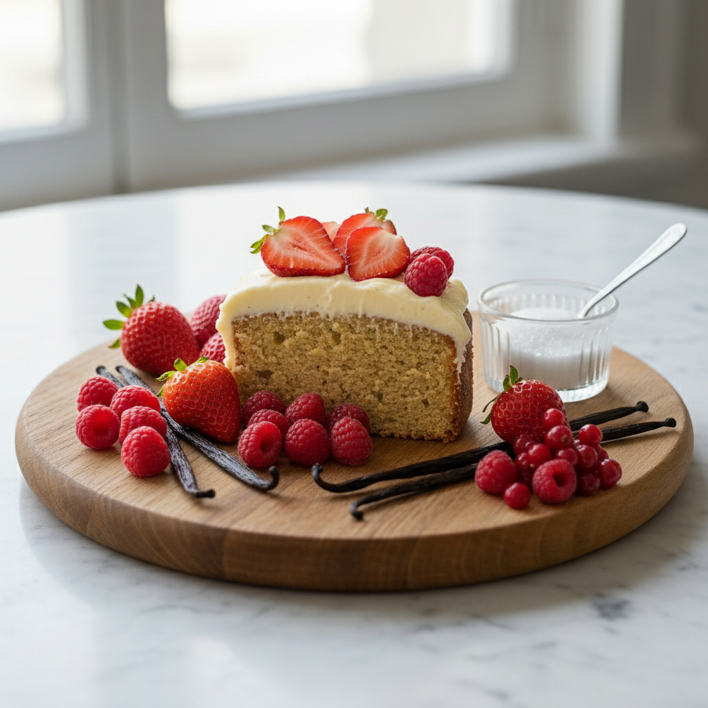 Slice of cake with berries on a wooden board on a marble surface