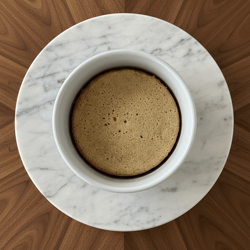 Vanilla Protein Cake Mix baked in a bowl on a marble counter, showcasing a moist protein cake dessert.