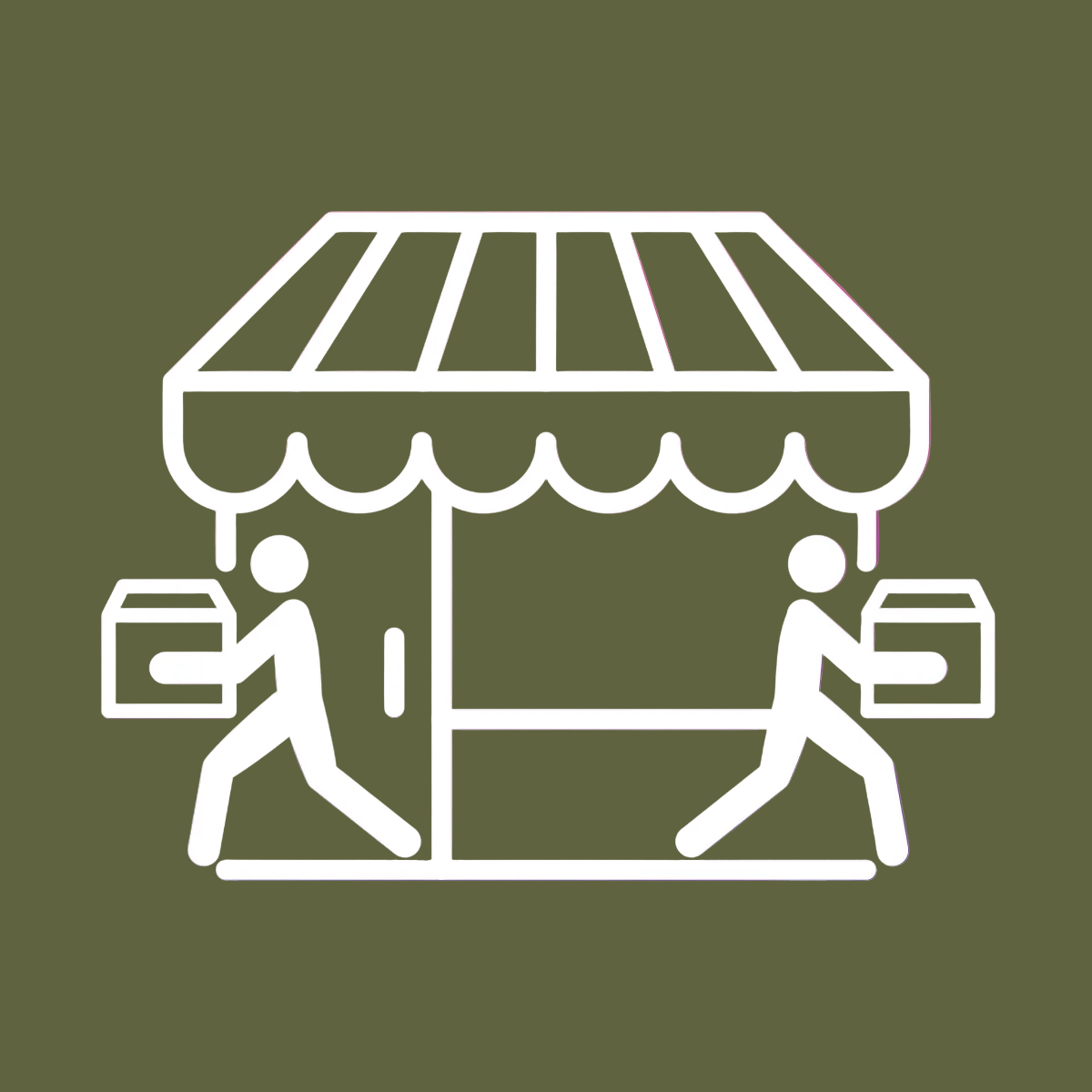 Icon representing Pick Up In Store services with customers carrying packages from a storefront.